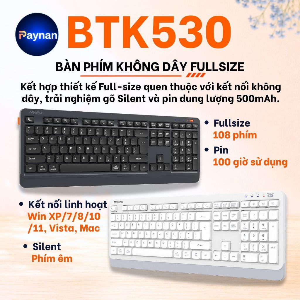 Bàn phím không dây Meetion BTK530 fullsize 108 phím dual mode Bluetooth + 2.4G chống ồn pin sạc sử dụng lên đến 100 giờ