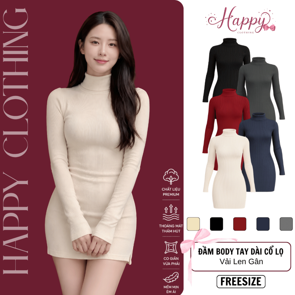 Váy Len Ôm Body Nữ Cổ Lọ Dáng Ngắn Dài Tay Chất Len Gân Co Giãn Mềm Mịn Thu Đông DB11 Happy Clothing