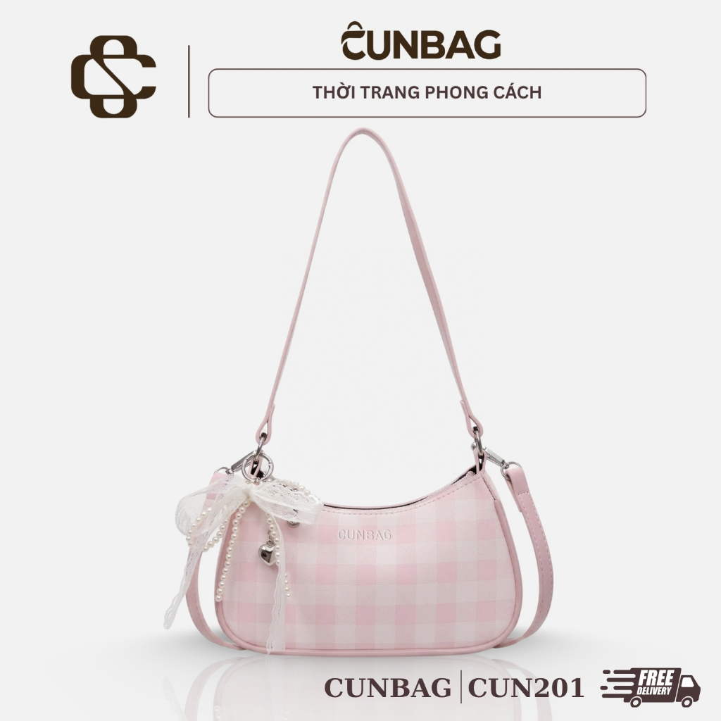 Túi xách nữ đeo chéo kẻ caro kèm charm nơ tym ngọc dễ thương CUN201