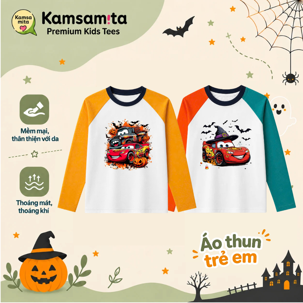 [12-35kg] Áo thun dài tay trẻ em thu đông KAMSAMITA họa tiết MCQUEEN 95 HALLOWEEN vải cotton 220gsm