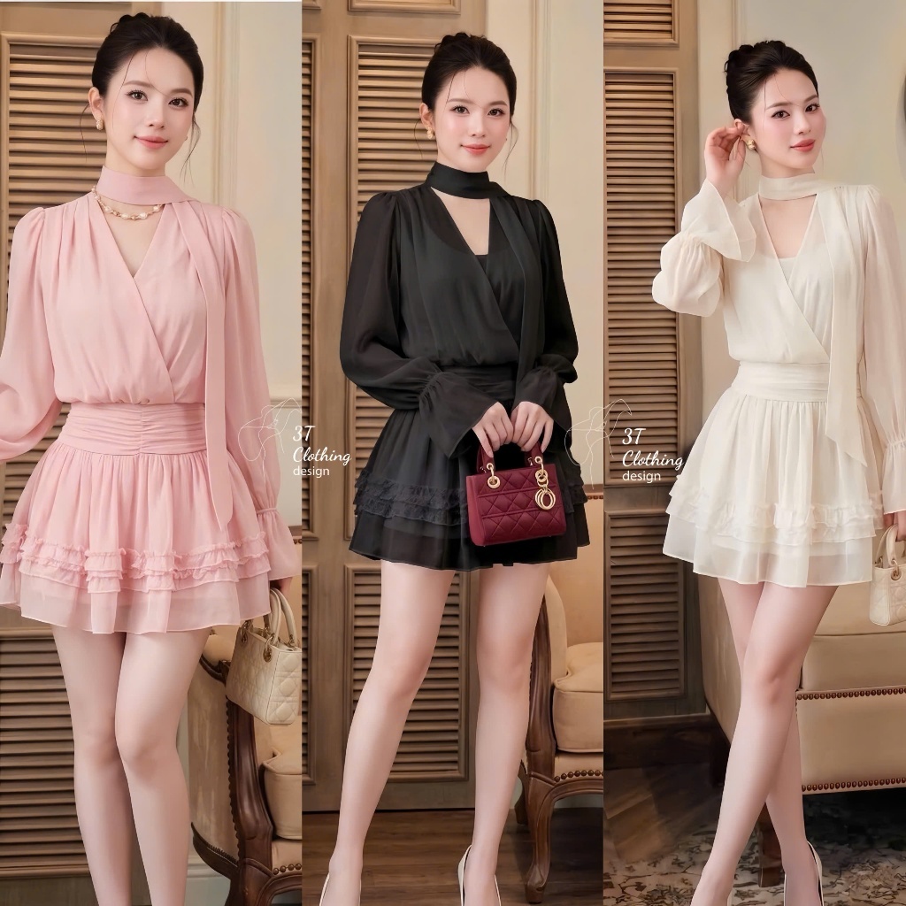 [3T CLOTHING] Đầm Nữ Tơ Ngọc Trai Lót Lụa Habutai,Váy Cổ V Tôn Dáng Kèm Quần Bảo Hộ, Đầm Dự Tiệc Big