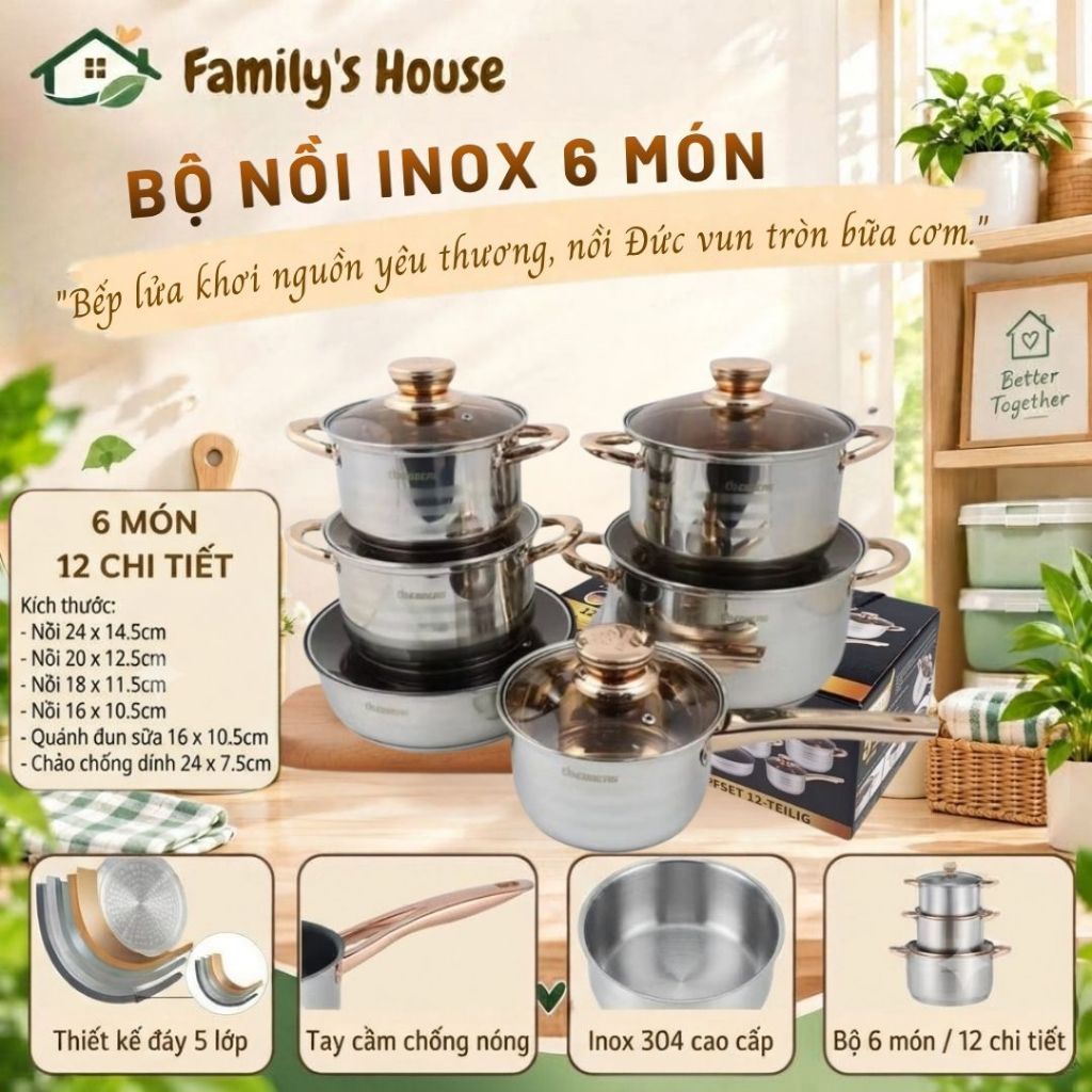 [Family' house] Bộ nồi đức Inox 304 Chất Lượng Cao - Nồi Đức 6 Món 5 Đáy Siêu Dày Siêu Bền Cho Gia Đ