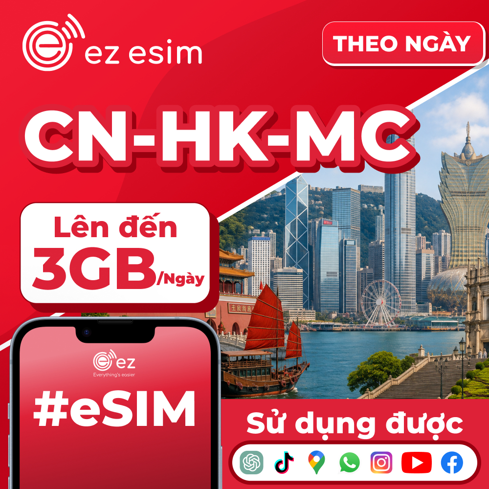 Trung Quốc, Hồng Kông & Ma Cao eSIM | 1-3 Ngày - Gói data ngày không giới hạn, ez-eSIM Vietnam gửi e