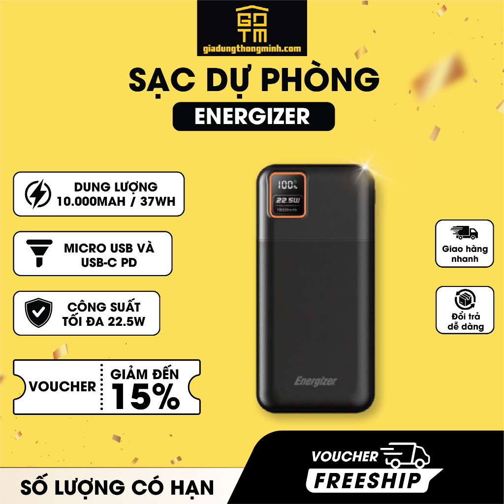 Pin sạc dự phòng Energizer UE10073PQBK 10000mAh 3.7V Li-Polymer