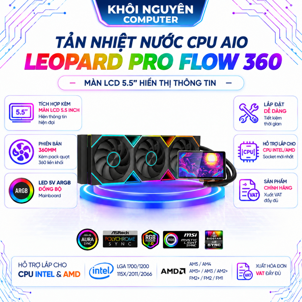 Tản Nhiệt Nước CPU AIO Jungle Leopard Pro Flow 360 Black 5V ARGB 3 Quạt 120mm Chính Hãng