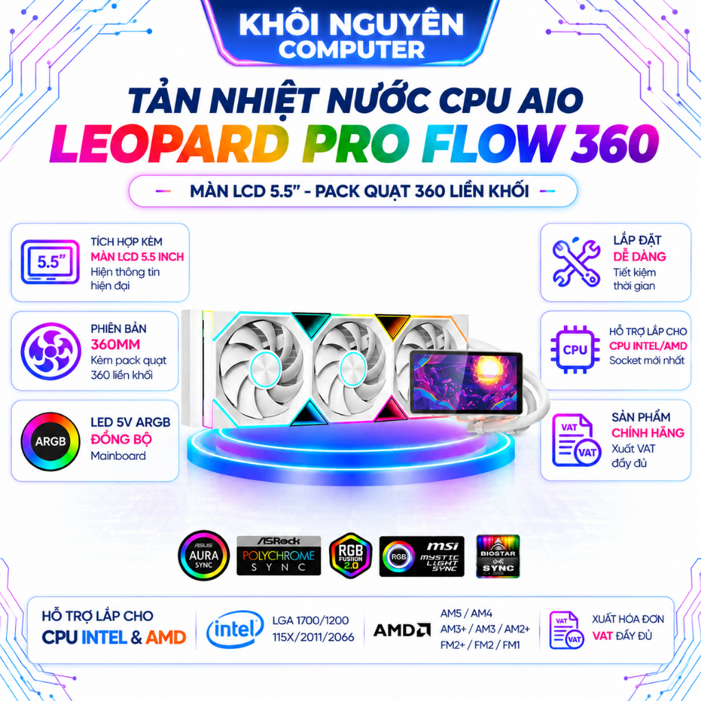 Tản Nhiệt Nước CPU AIO Jungle Leopard Pro Flow 360 White 5V ARGB 3 Quạt 120mm Chính Hãng
