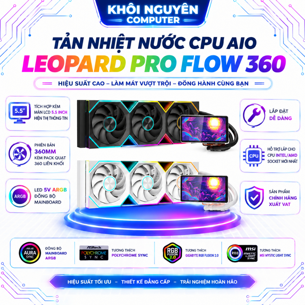 Tản Nhiệt Nước CPU AIO Jungle Leopard Pro Flow 360 Black 5V ARGB 3 Quạt 120mm Chính Hãng