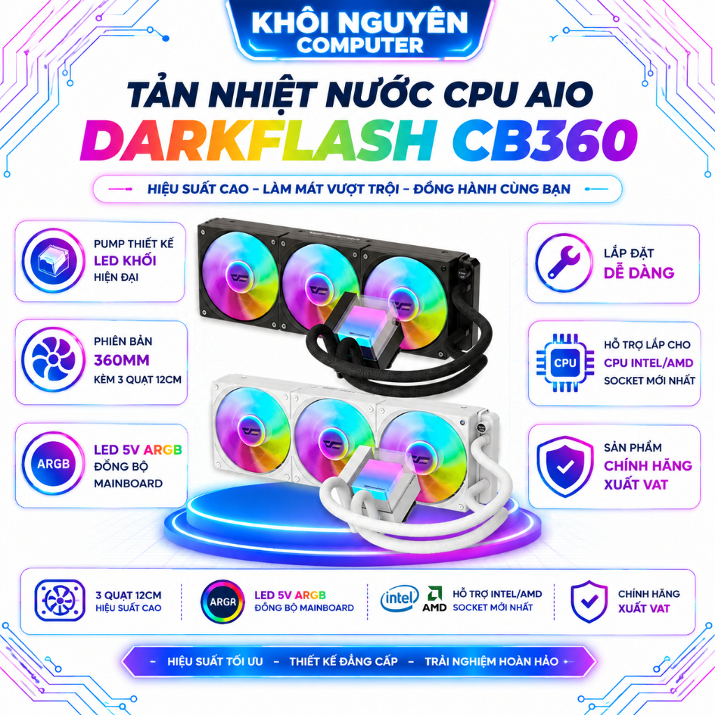Tản Nhiệt Nước CPU AIO Dark Flash CB360 360mm ARGB 5V 3 Quạt 120mm Chính Hãng