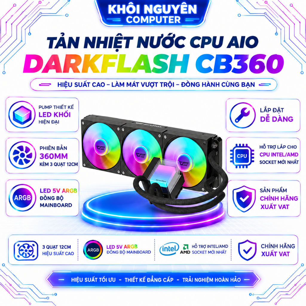 Tản Nhiệt Nước CPU AIO Dark Flash CB360 Black 360mm 5V ARGB 3 Quạt 120mm Chính Hãng