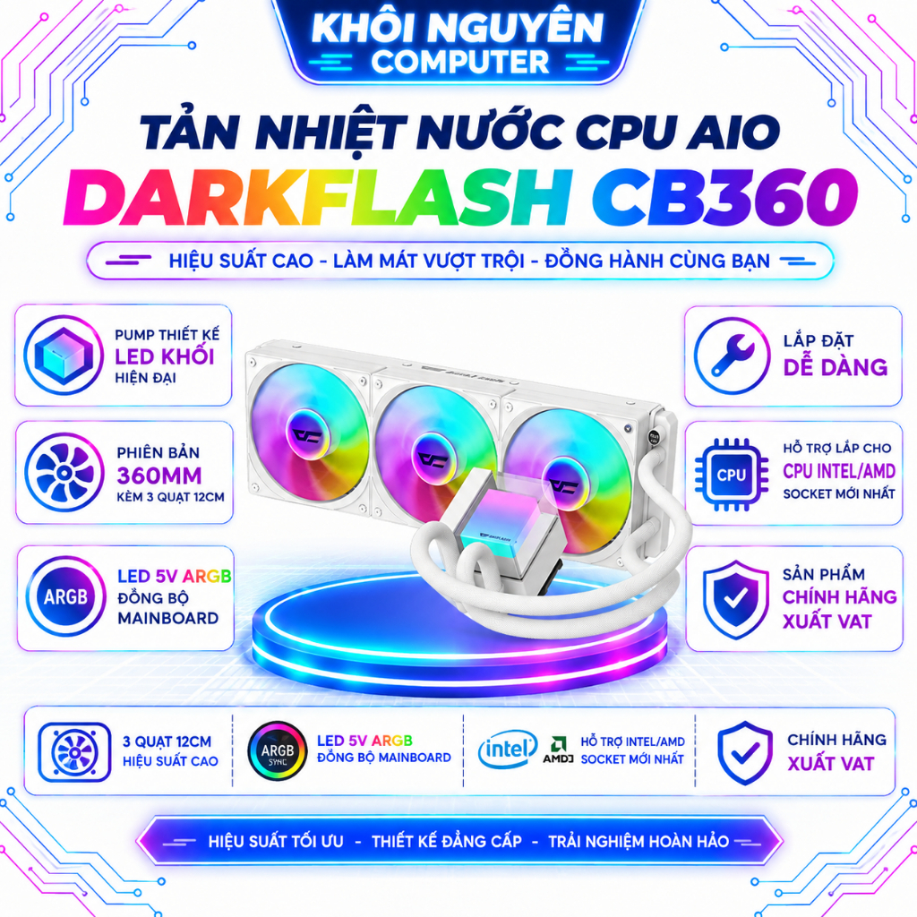 Tản Nhiệt Nước CPU AIO darkFlash CB360 White 360mm 5V ARGB 3 Quạt 120mm Chính Hãng