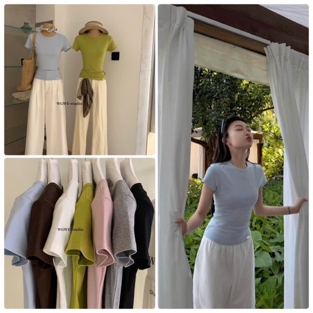 Áo thun dáng ôm chất cotton co giãn WGWE W9206 màu trơn tối giãn 9206