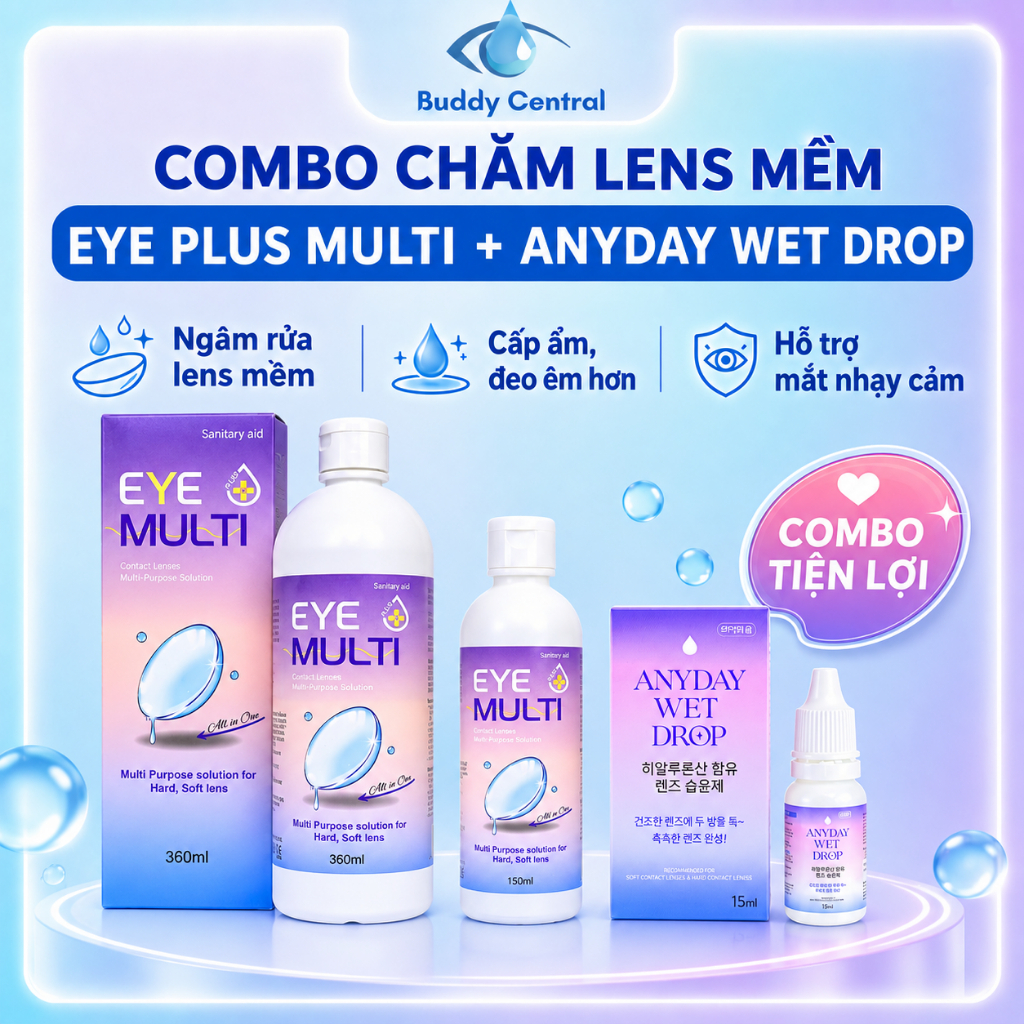 Nước Ngâm Lens Eye Plus Multi 150ml/360ml & Nhỏ Mắt Lens Anyday Wet Drop 15ml - Combo Chăm Lens Mềm