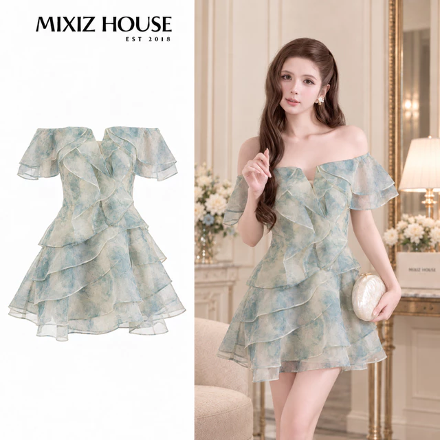 Váy Loang Tầng Trễ Vai Phối Bèo Mixiz House D46 - Váy Nữ Dáng Xòe, Thanh Lịch, Đi Chơi, Đi Tiệc
