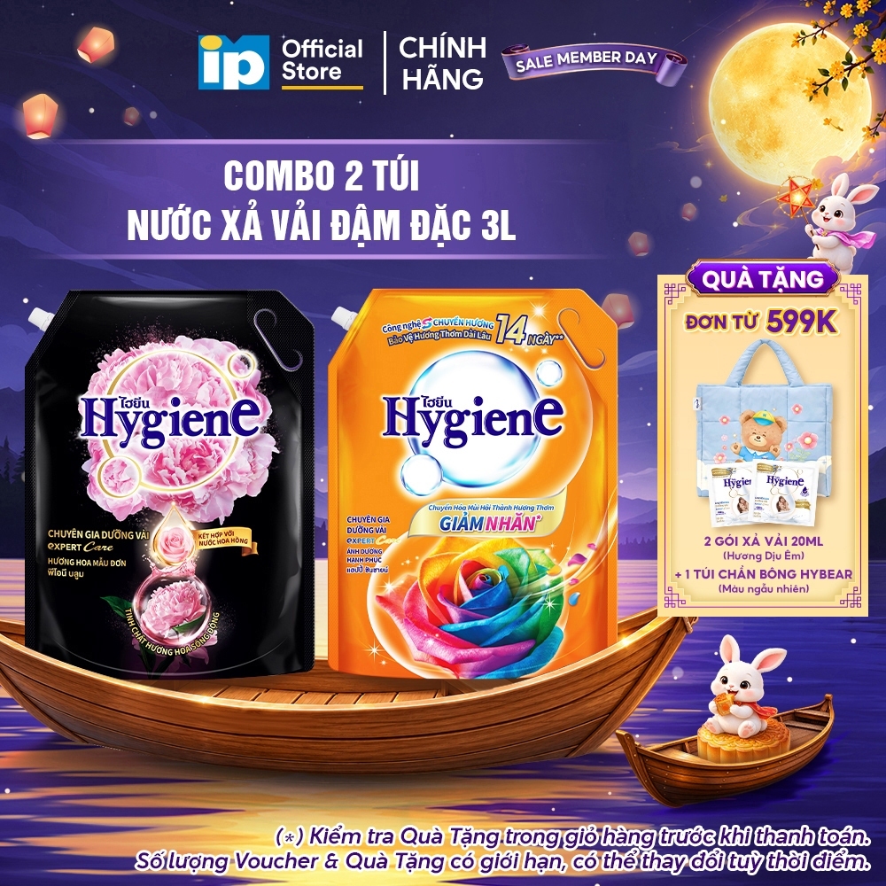 Nước Xả Vải Đậm Đặc Hygiene 3L (Hoa Mẫu Đơn/ Ánh Dương Hạnh Phúc) x 2 Túi