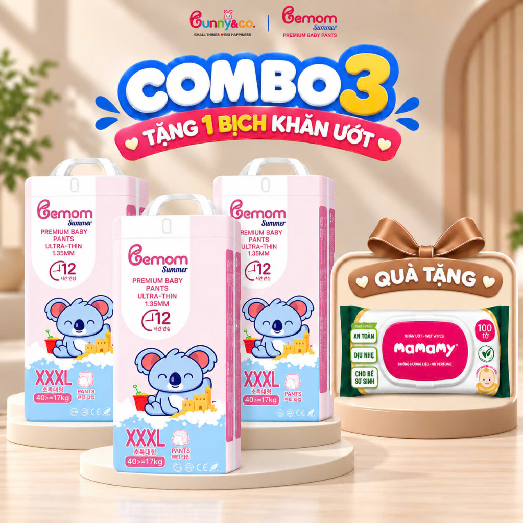 [Tặng Khăn ướt Mamamy] Combo 3 Bỉm/Tã Dán/Quần BEMOM SUMMER Đủ Size Cho Bé Từ Sơ Sinh Đến 20kg