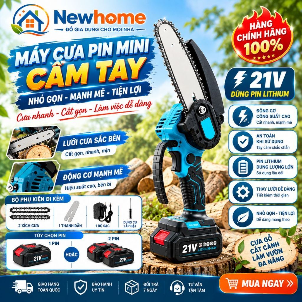 Máy Cưa Xích Makita Không Dây, Cưa Gỗ Cắt Cành, Máy Cưa Mini Mạnh Mẽ, Kèm Pin Sạc