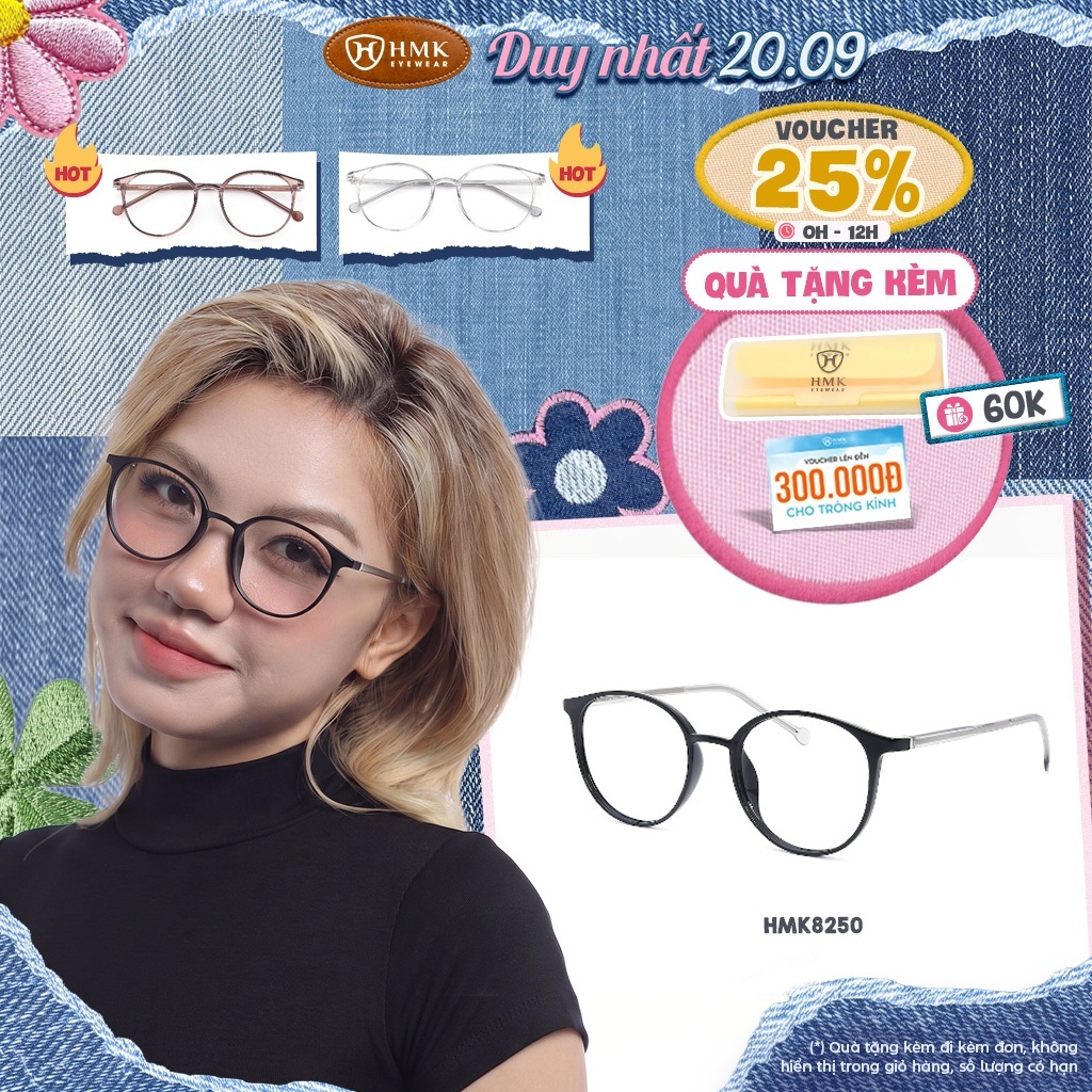 Gọng Kính Mắt Tròn HMK Eyewear Nam Nữ Chất Liệu Nhựa Dẻo Bền Bỉ, Form Kính Vừa Vặn Dễ Mang - HMK8250