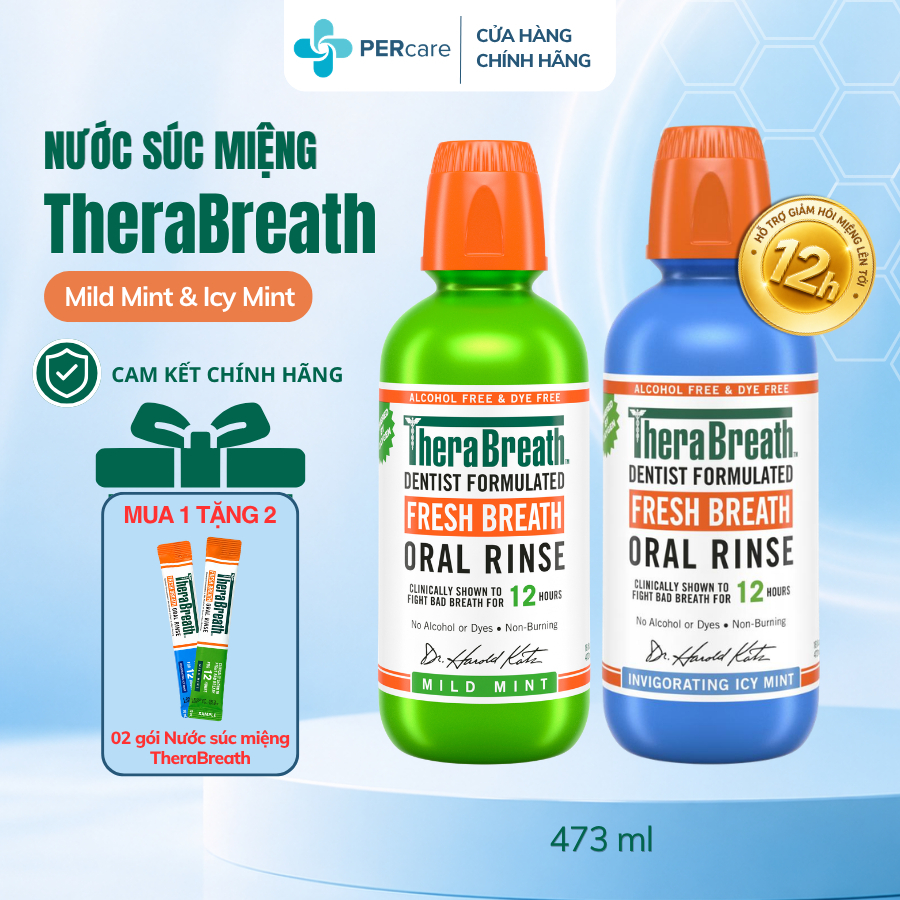 Nước Súc Miệng TheraBreath Cho Hôi Miệng Làm Sạch Mảng Bám Không Cồn Dịu Nhẹ 473ml Hàng Đầu Mỹ