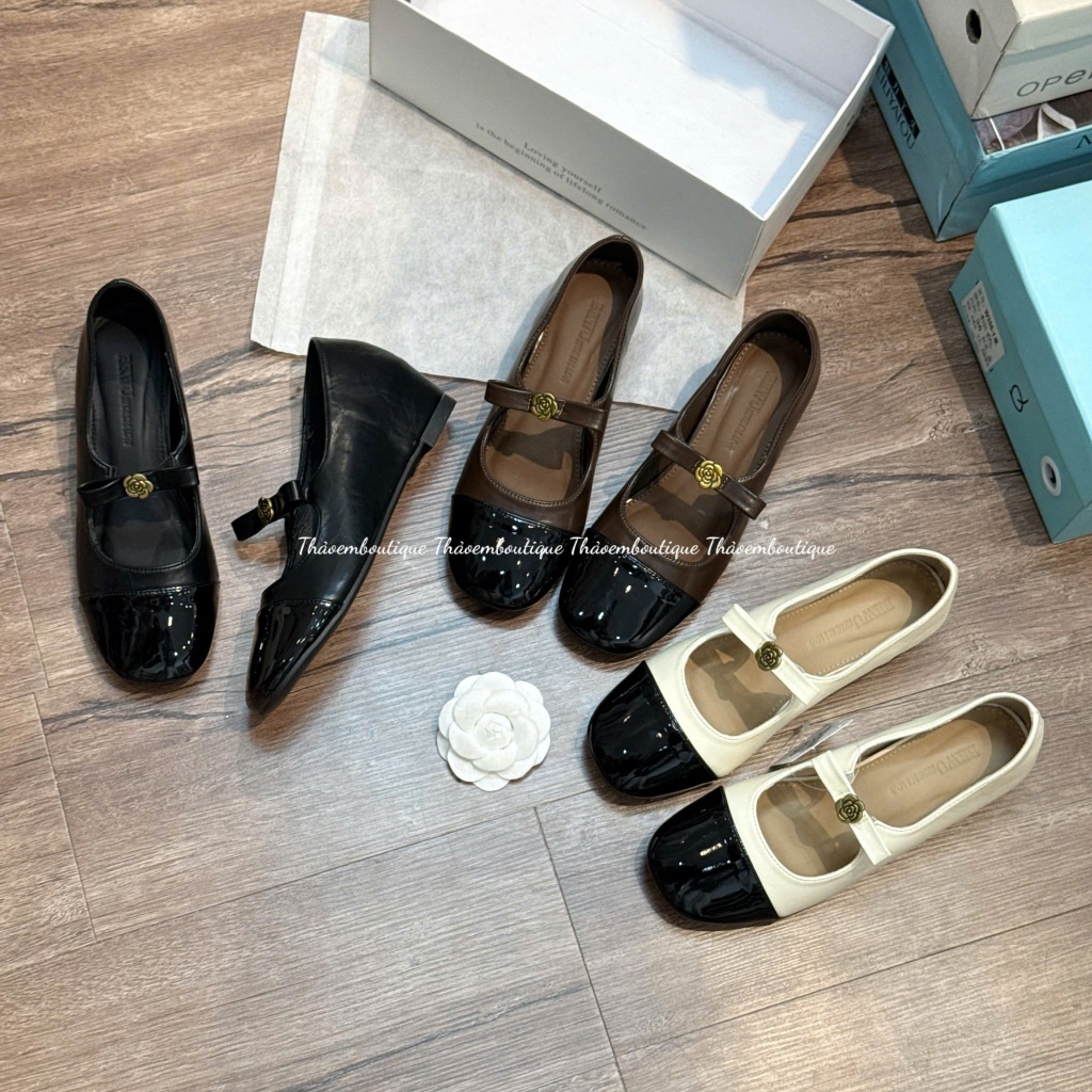 Giày búp bê độn đế 3p phối quai ngang mix hoa trà
