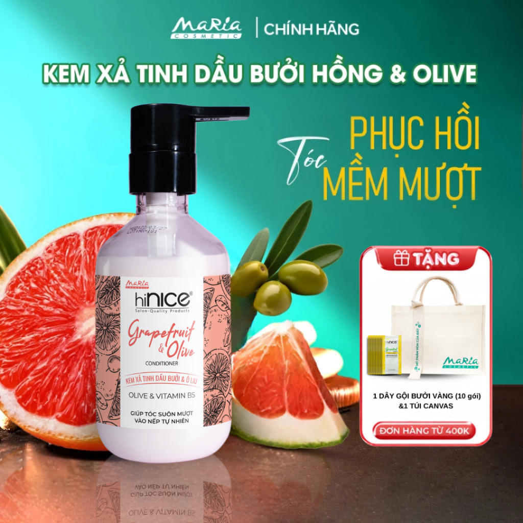Kem Xả Tinh Dầu Bưởi Hồng & Olive Thiên Nhiên hiNICE Grapefruit & Olive Conditioner Giúp Tóc Mềm Mượ