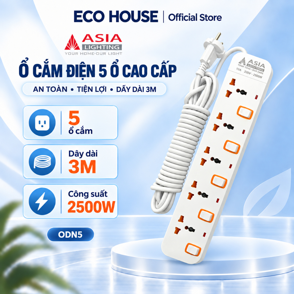 Ổ Điện ASIA Lighting 2026 Cao Cấp – Tích Hợp USB + Type-C Sạc Nhanh 20W, Nhiều Ổ Cắm, Dây Dài 3M/5M,