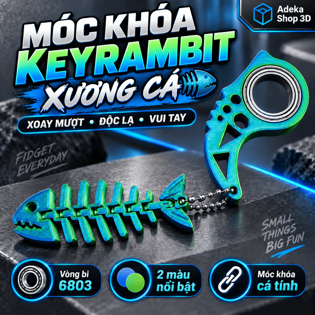Móc Khóa Keyrambit Xương Cá 3D Vòng Bi 6803 – Fidget Xoay Mượt Cá Tính