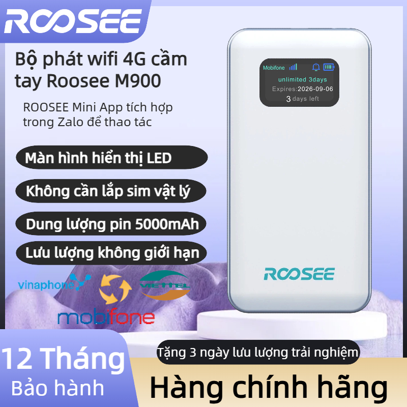 Bộ phát wifi 4G Roosee M900- màn hình hiển thị LED, không cần lắp sim, pin 5000mAh, ROOSEE mini app 