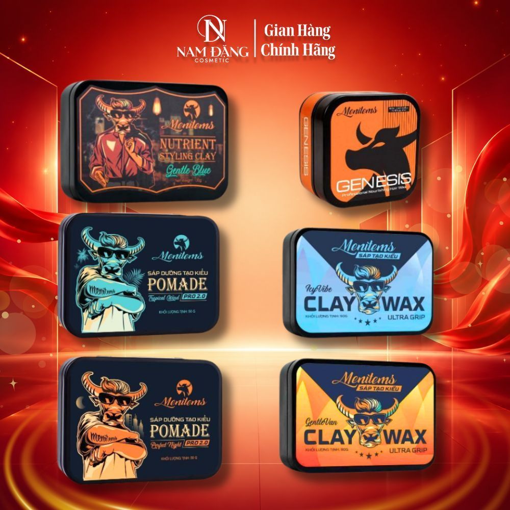 Sáp vuốt tóc Menitems Clay Wax Ultra Grip 90g, Perfect Night, Tropical Wind, Gentle Blue 50g-100g