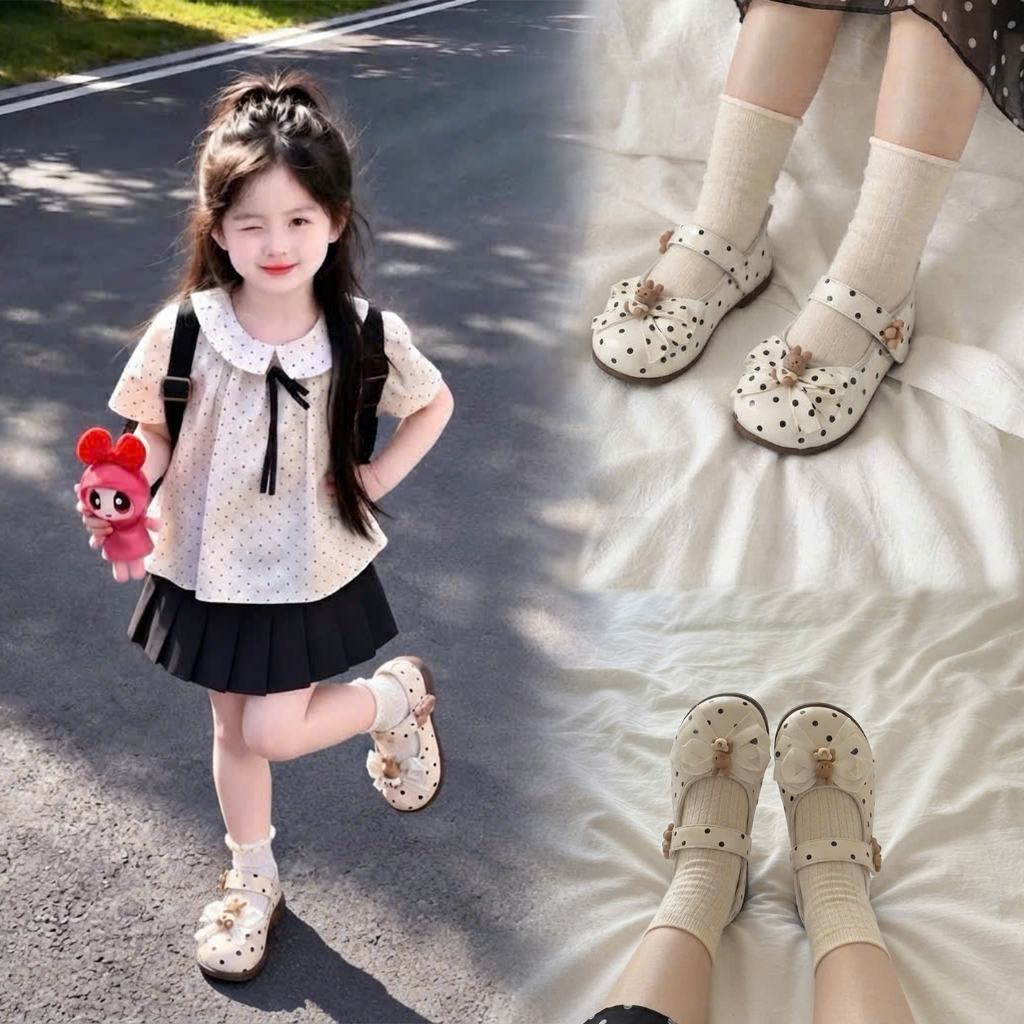 Giày Xinh Cho Bé Gái. Giày Bệt Cho Bé Chấm Bi Nơ Gấu Dễ Thương Phong Cách Lolita