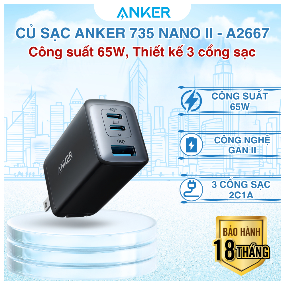 Củ Sạc Nhanh Anker 735 Nano II 65W A2667 3 Cổng USB-C USB-A, Công Nghệ GaN II
