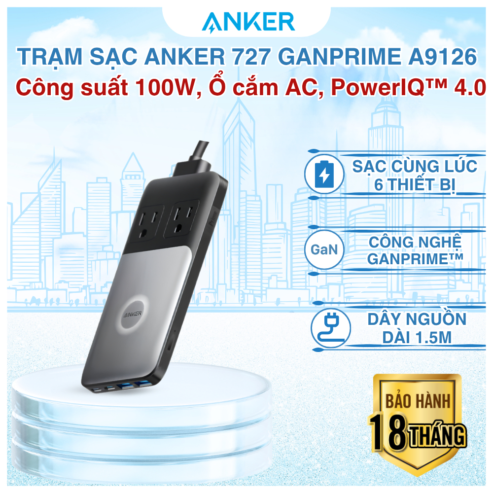 Trạm Sạc Anker 727 GaNPrime 100W A9126 6 Cổng, 2 USB-C 2 USB-A 2 Ổ Cắm AC, Sạc Nhanh