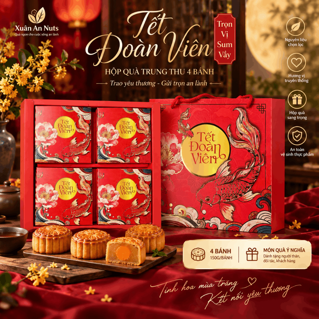 Bánh Trung Thu Hộp 4 Bánh 150g Đoàn Viên Truyền Thống – 4 Vị Trứng Muối – Hộp Quà Trung Thu 600g Xuâ