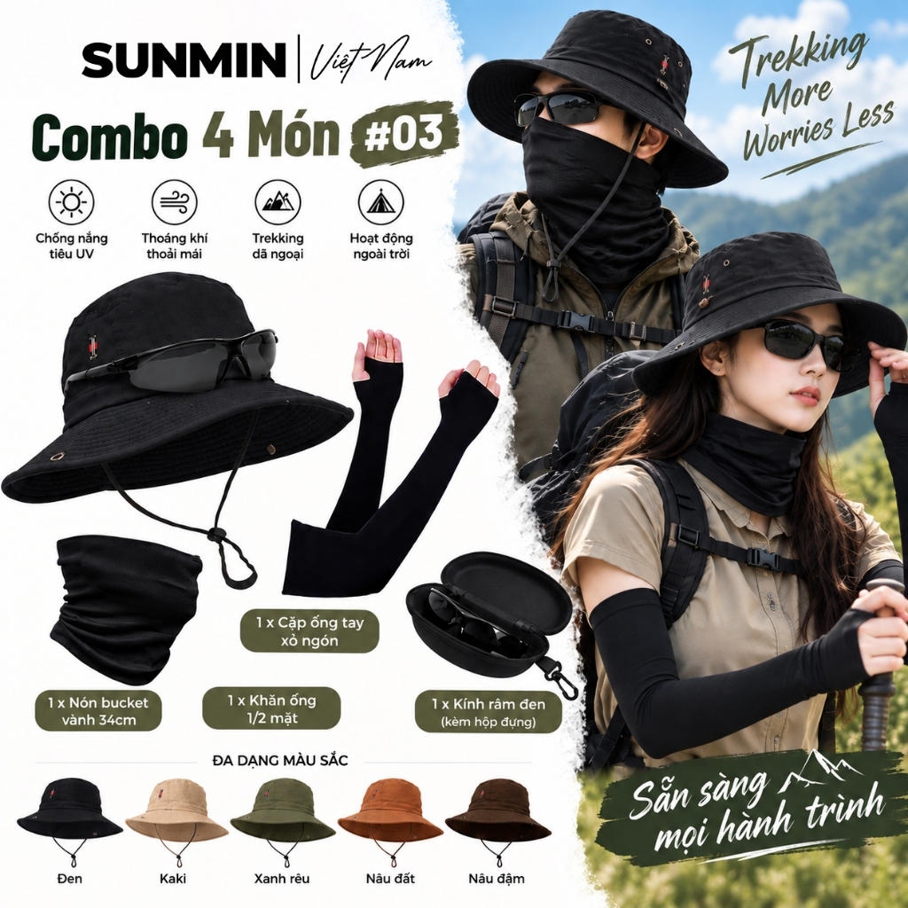 Combo 4 Món Chống Nắng SUNMIN Trekking Leo Núi Outdoor ( Mũ Bucket Vành Rộng - Trùm Mặt - Ống Tay - Kính Râm )