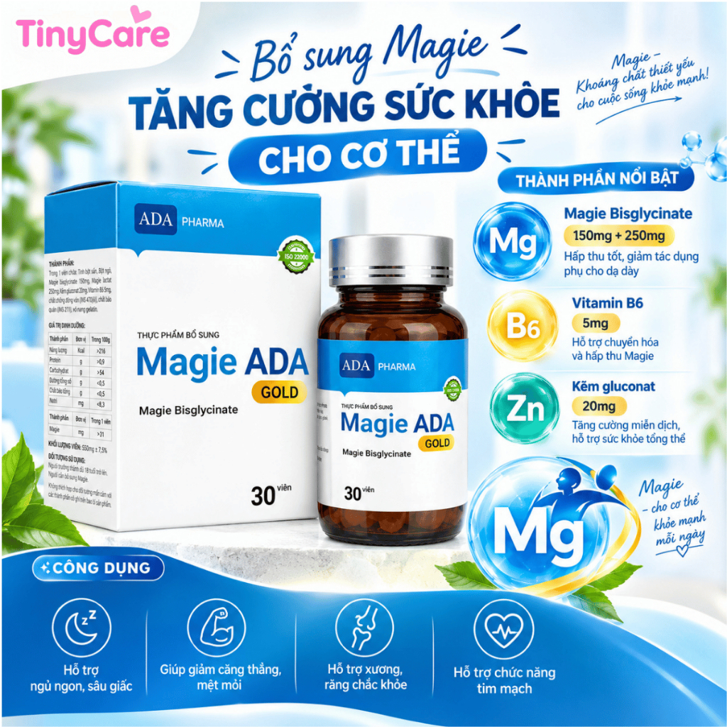 Thực phẩm bổ sung MAGIE ADA GOLD 2IN1 – Magie Bisglycinate, Magie Lactat, Kẽm & Vitamin B6, Hộp 30 v