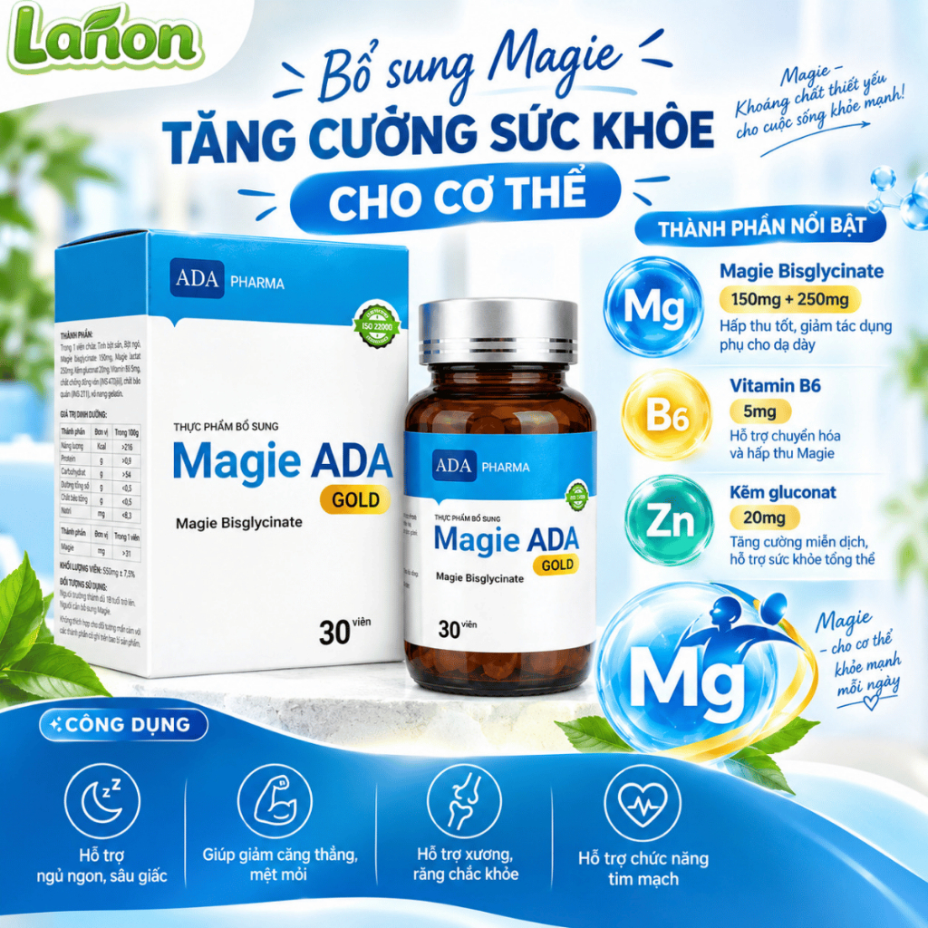Thực phẩm bổ sung MAGIE ADA GOLD 2IN1 – Magie Bisglycinate, Magie Lactat, Kẽm & Vitamin B6, Hộp 30 v