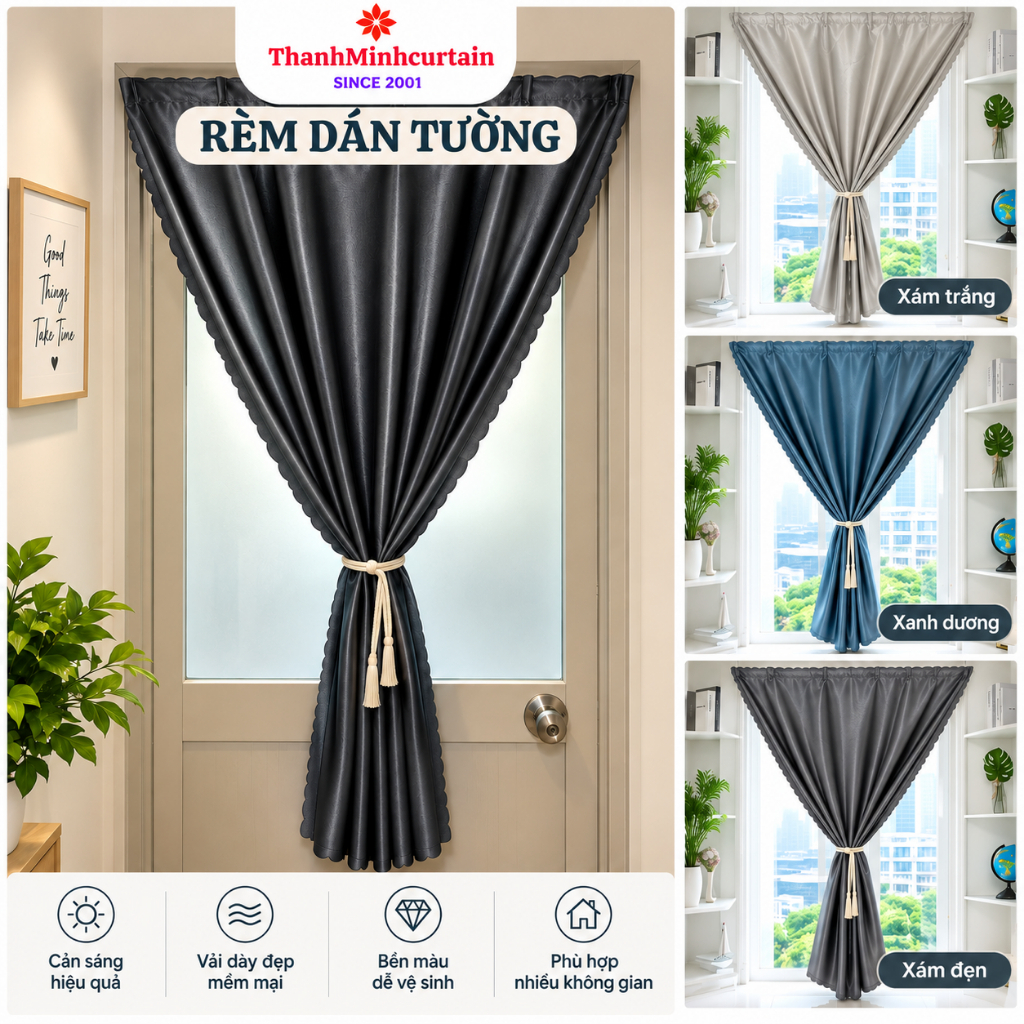 Rèm Cửa Dán Tường, Rèm Cửa Sổ vải gấm cao cấp chống nắng tốt treo phòng ngủ…