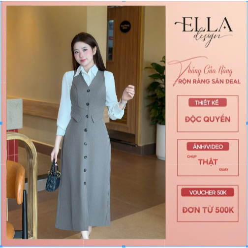 Váy Đầm Thiết Kế Ella Desgin dành cho nữ kiểu dáng váy midi xòe, dài tay,cổ bẻ phối trắng phù hợp mặ