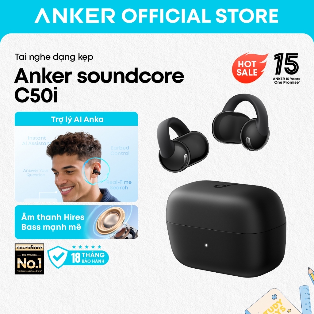 Anker soundcore Tai nghe kẹp tai dạng mở C50i, bass mạnh, gọi AI rõ nét, pin lâu tới