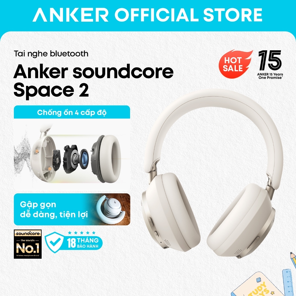 Anker soundcore Tai nghe Bluetooth Space 2 chống ồn vượt trội, đeo êm thoải mái, có chế độ thư giãn, pin