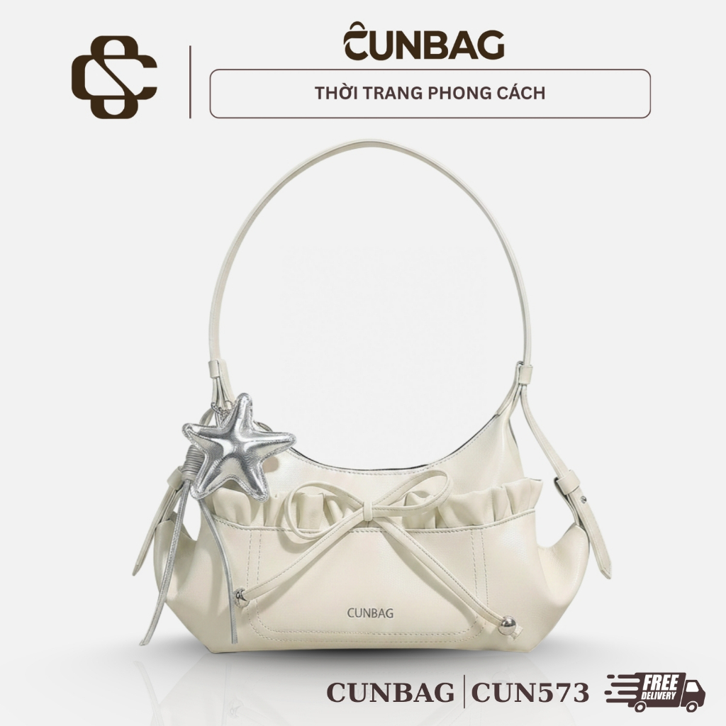 [Tặng Charm Sao] Túi Xách Nữ Cunbag Đeo Vai Dáng Bán Nguyệt Da Mềm Phối Nơ Rút Màu Pastel CUN573