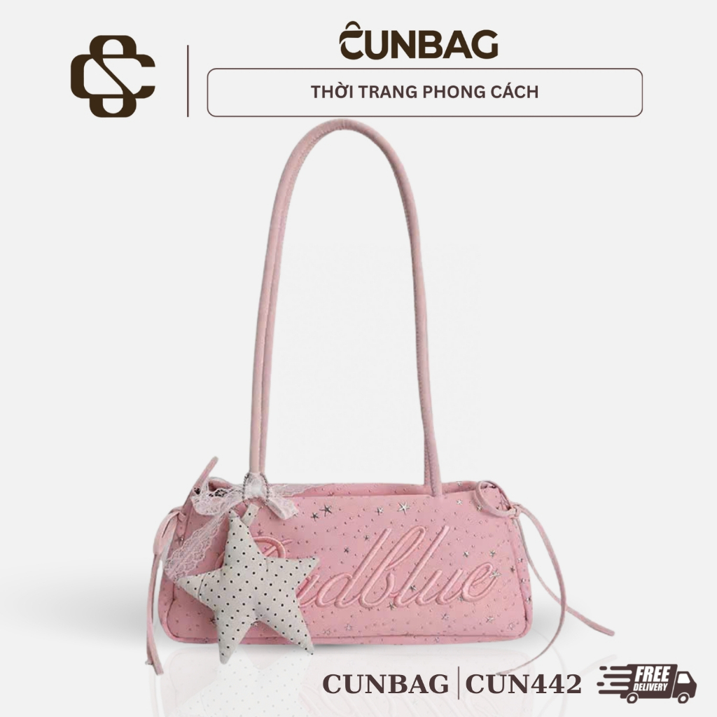 (Tặng Charm) Túi Xách Nữ Cunbag Phom Trống Ngang Dập Chữ Túi Da Đeo Vai Thắt Nơ Điệu Đà CUN442