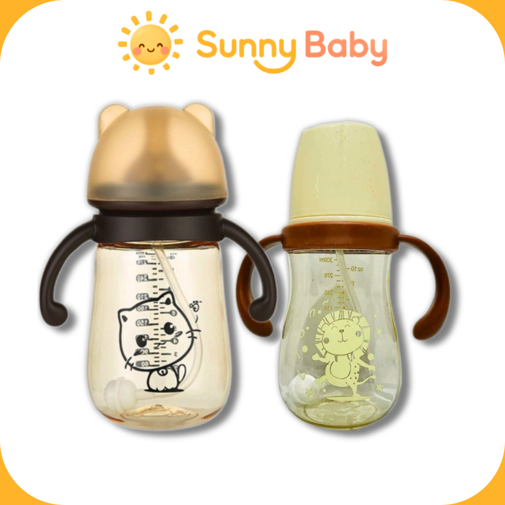 Bình Sữa Cổ Rộng Cho Bé Hình Mèo, Sư Tử 240ml 300ml Có Van Chống Sặc