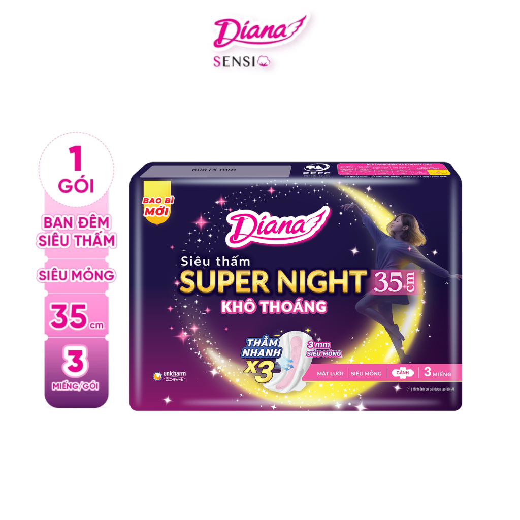 Băng vệ sinh ban đêm Diana siêu thấm Supernight 35cm 3 miếng/gói