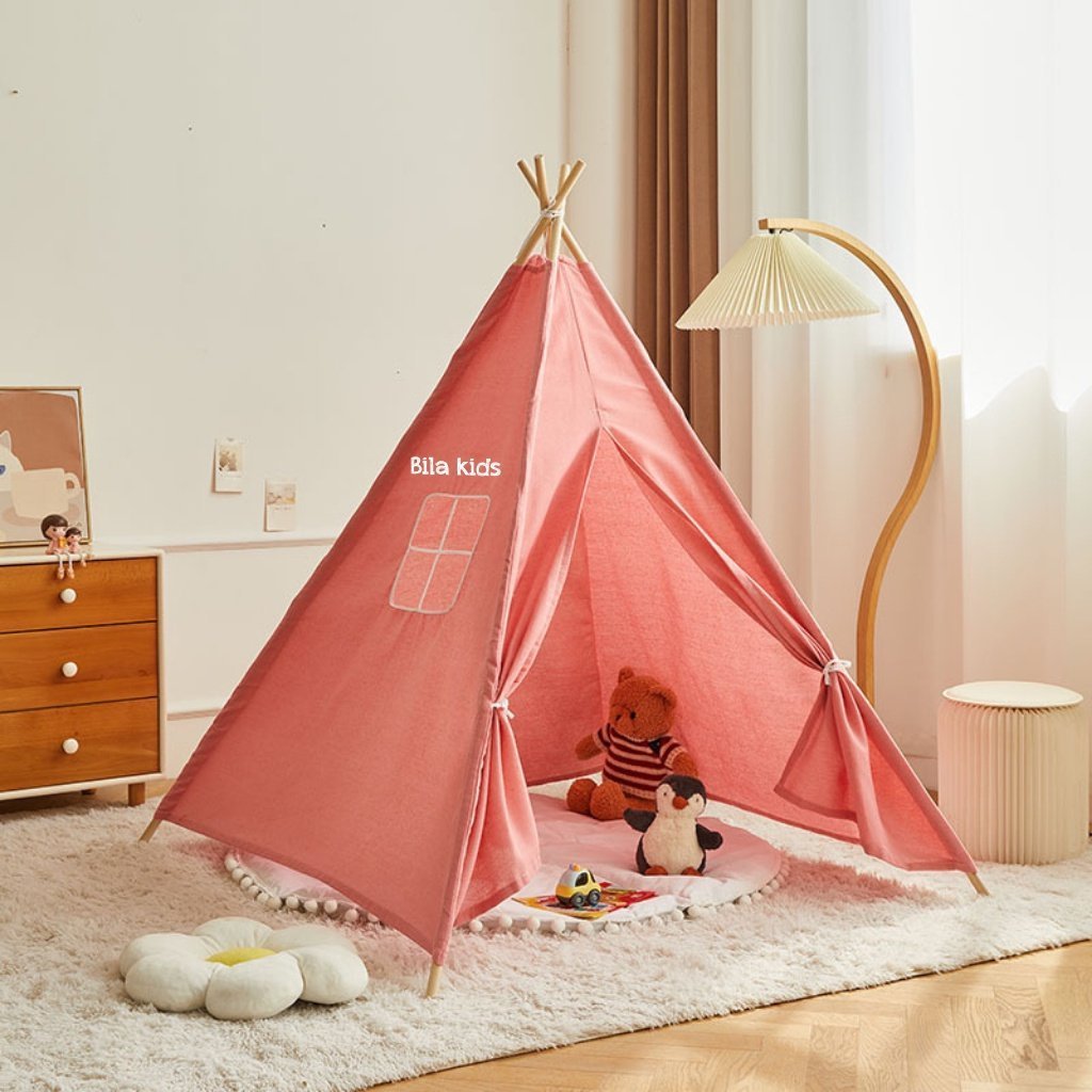 Lều vải cho bé, lều ngủ thổ dân bằng vải cotton cao cấp khung gỗ thông tự nhiên an toàn cho bé chơi trong nhà