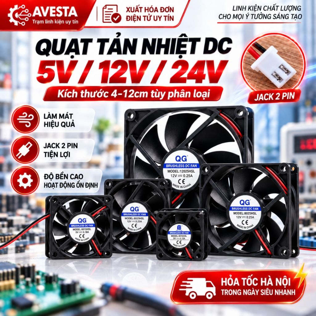 Quạt Tản Nhiệt 24V 12V 5V DC 2 dây Làm Mát CPU, GPU, PC, Camera, Mạch Điện Tử…