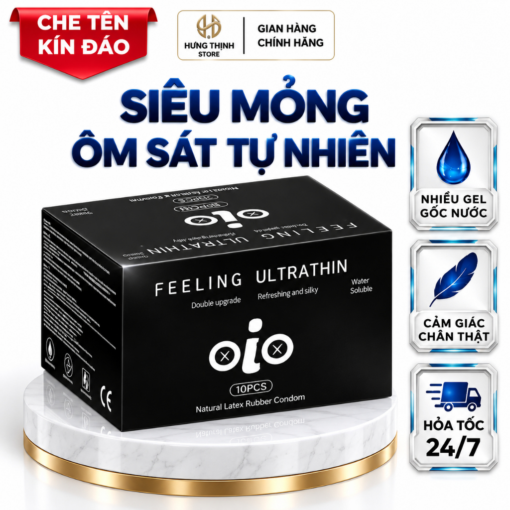 Bao cao su OiO siêu mỏng, kéo dài thời gian, gân gai, nhiều gel bôi trơn - Hộp 10 bcs
