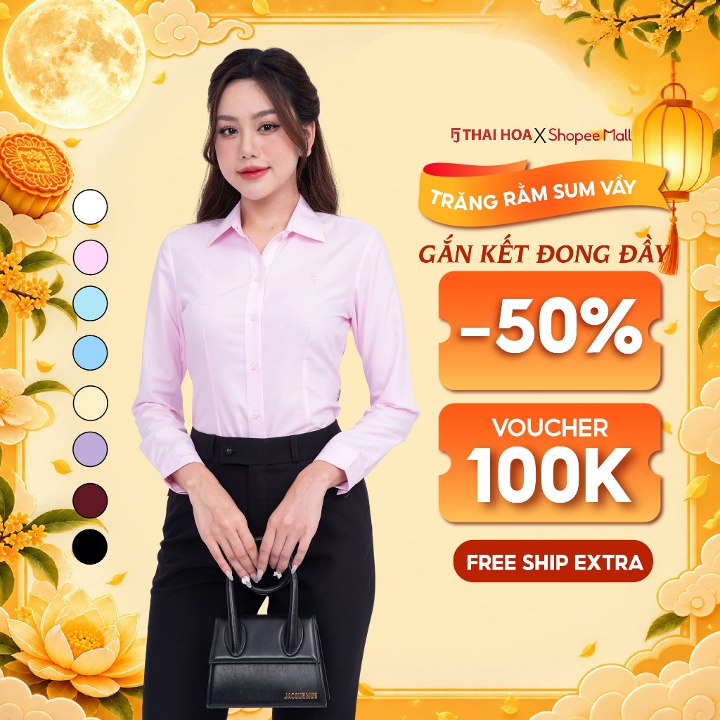 Áo sơ mi nữ R01 dài tay form ôm vải cotton trơn các màu Thái Hòa