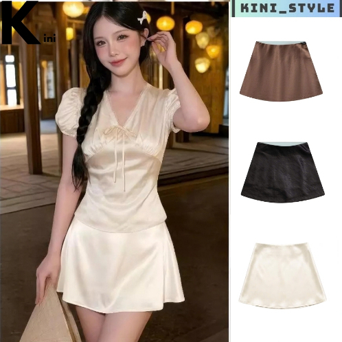 Chân váy lụa ngắn dáng chữ A xoè nhẹ có lót bảo hộ bên trong KINI-Style