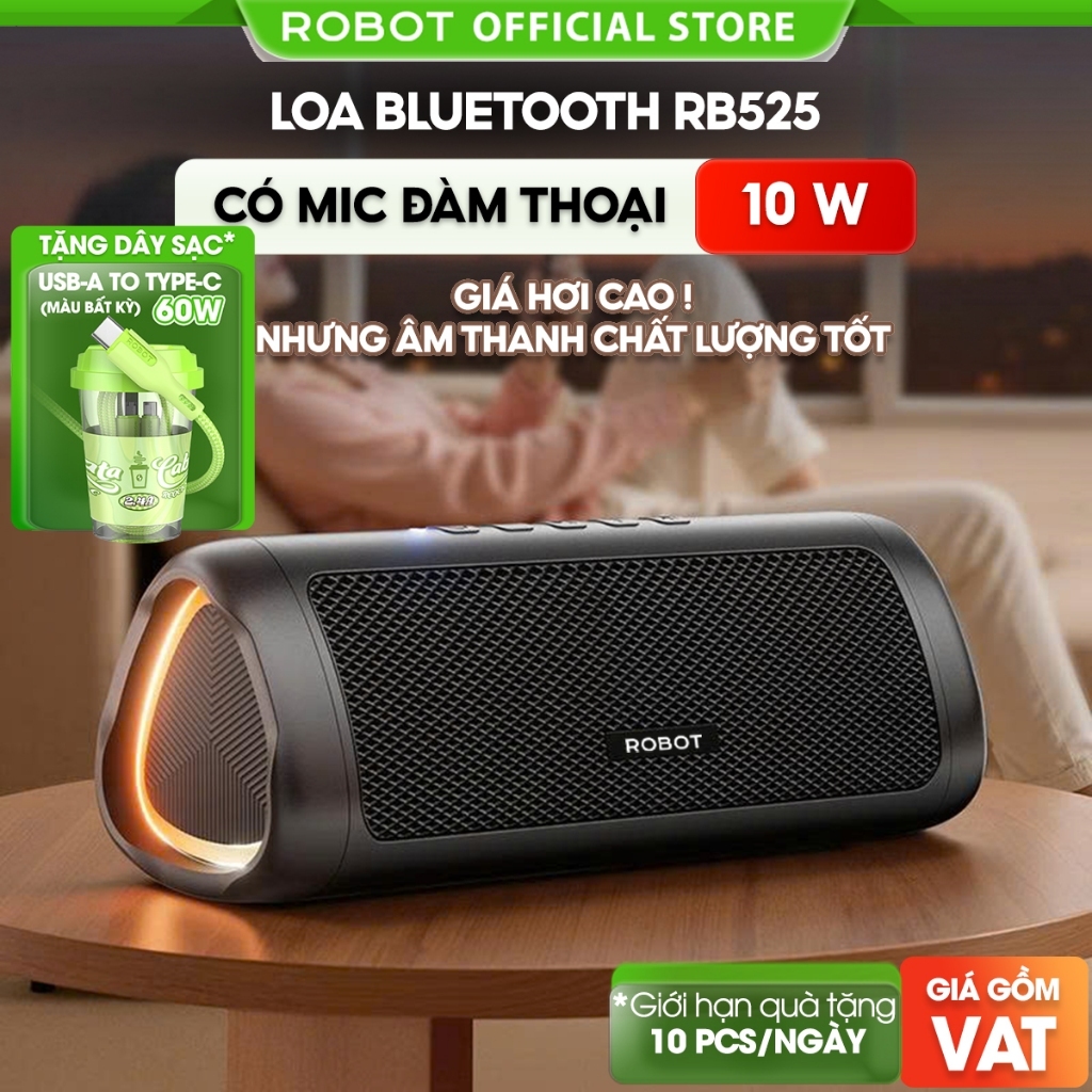 Loa Bluetooth 5.3 Robot RB525 Bass Mạnh 10W Đèn Led RGB, Kháng Nước, Pin Trâu…