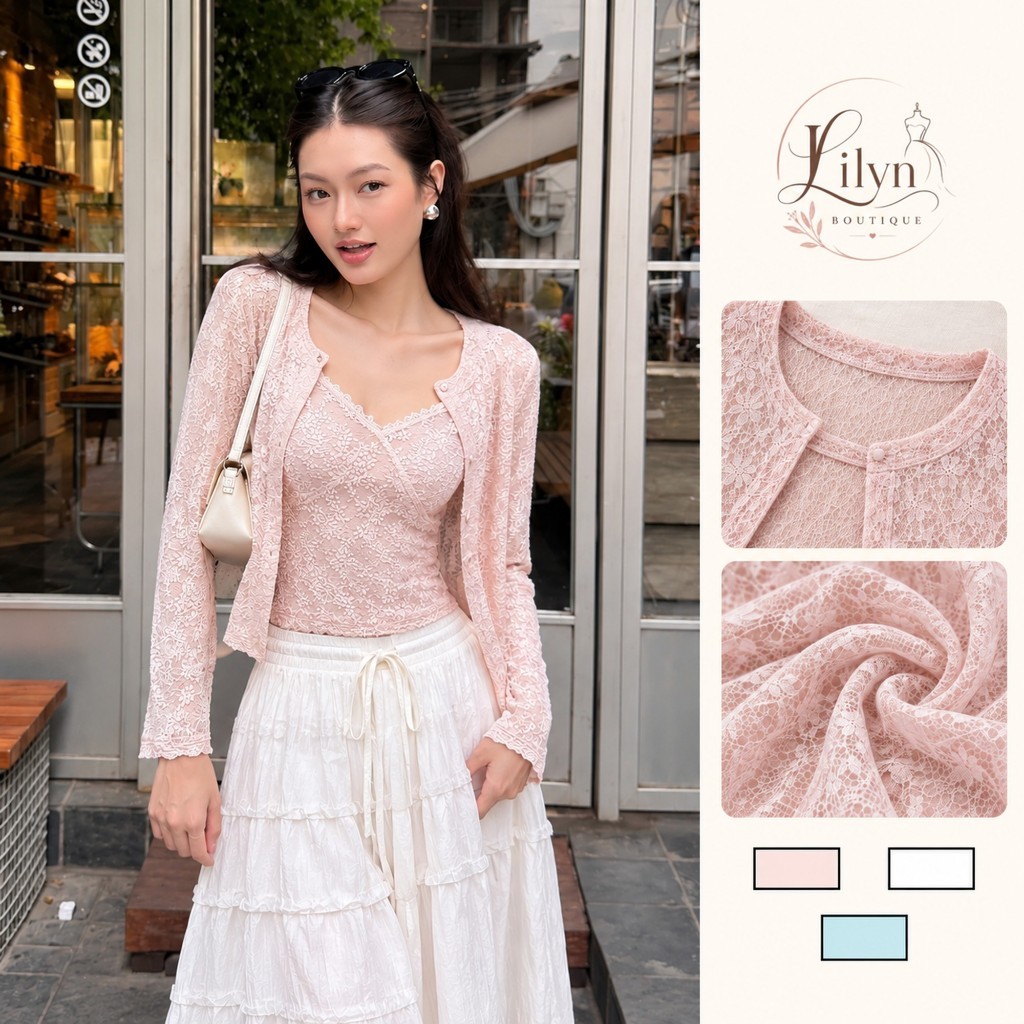 Set Áo Hai Dây Phối Ren Kèm Cardigan Ren Nữ Cao Cấp, Set Áo Hai Dây Ren Hoa Kèm Áo Khoác Mỏng Hot Trend